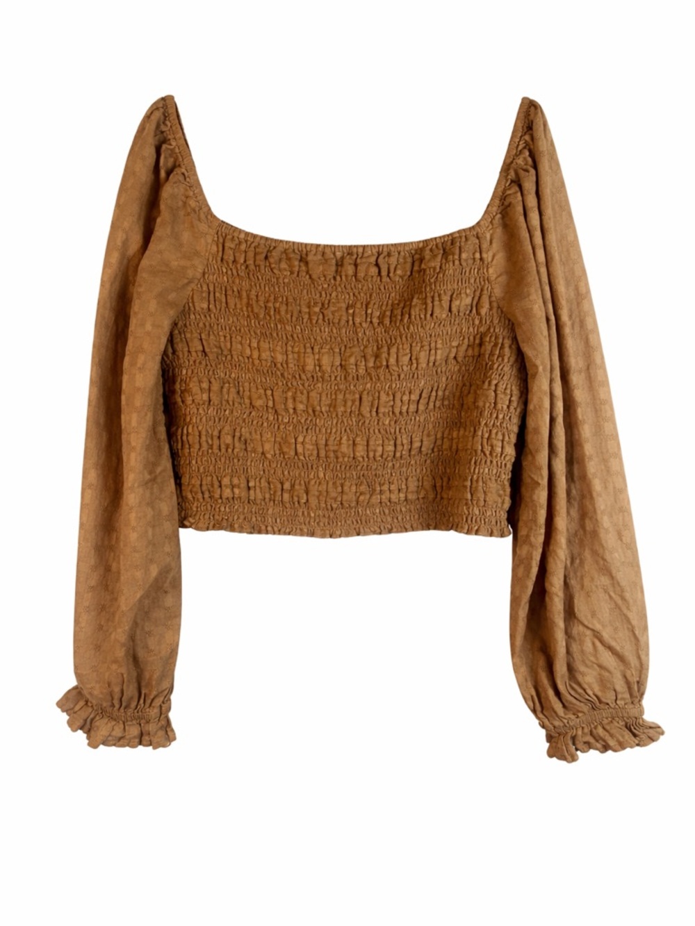 American Eagle Brown Smocked Off Shoulder Long Sleeve Crop Top L